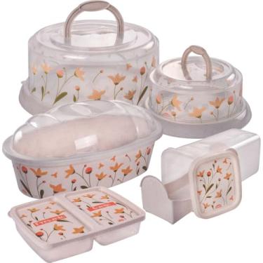 Imagem de Kit 5 PEÇAS - Boleira c/ base de Rosca + Queijeira c/ base de Rosca + Porta Pães oval c/ tampa Incolor + Porta Torradas c/ Gaveta Deslizante + Porta Frios c/ 2 Divisórias Independentes - Marmorizado Decorado estilo Floral Plasútil