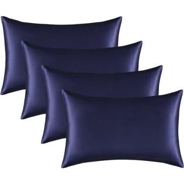 Imagem de Conjunto de fronhas de cetim para cabelo e pele, pacote com 4 com fecho de envelope, fronhas refrescantes (4, azul-marinho, king (50 x 101 cm))