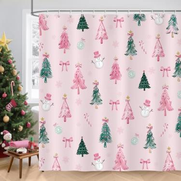 Imagem de COZZSNUGE Cortina de chuveiro de Natal, rosa, verde, árvore de Natal, boneco de neve, arco de floco de neve, linda cortina de chuveiro de inverno para banheiro, tecido de poliéster impermeável com 12