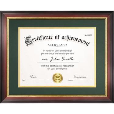 Imagem de Yaetm Moldura de diploma de 28 x 35 cm com tapete para certificado de 21 x 28 cm, moldura de documento de mogno com tapetes verdes sobre dourados sem ácido e vidro temperado, suporte de mesa ou parede