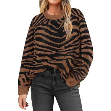 Imagem de Suéter CARCOS Plus Size com estampa de zebra marrom para mulheres 5GG
