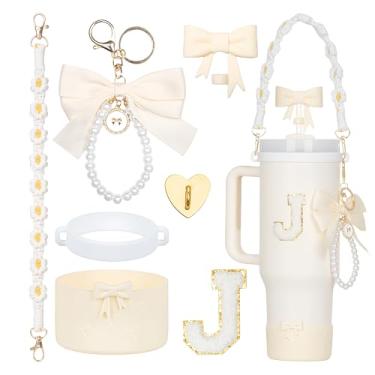 Imagem de Rabrgab Conjunto de acessórios para copo Stanley branco de 7 peças – topo de canudo com laço, pingente de laço fofo, bota de silicone com design de laço, alça de alça de garrafa de água e adesivo de