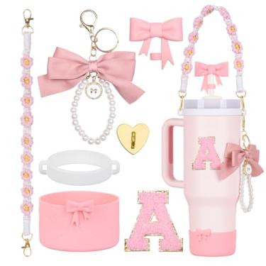 Imagem de Rabrgab Conjunto de acessórios para copo Stanley rosa com 7 peças – topo de palha com laço, pingente de laço fofo, bota de silicone com design de laço, alça de alça de garrafa de água e adesivo de