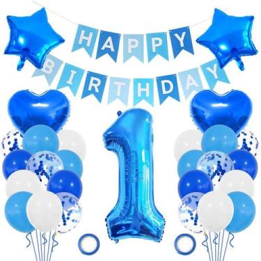 Imagem de Conjunto de balões de aniversário, 1 ano, azul, 27 peças para meninos 
