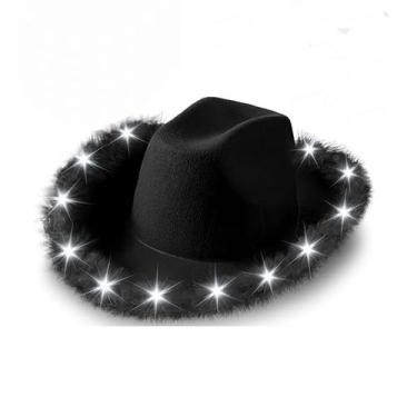 Imagem de Chapéu de cowboy preto com luzes LED e acabamento em penas para adulto
