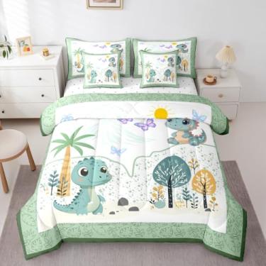 Imagem de Feelyou Jogo de edredom fofo de dinossauro com 7 peças, solteiro, desenho animado, dinossauro, para crianças, meninos e meninas, selva, planta de dinossauro, decoração de quarto, microfibra macia e