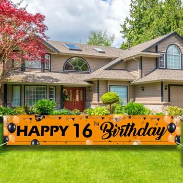 Imagem de Placa de banner de feliz aniversário de 16 anos - Grande decoração de festa de quintal ao ar livre, pano de fundo laranja e preto para homens e mulheres.