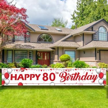 Imagem de Placa de banner de feliz aniversário de 80 anos - Grande decoração de festa de quintal ao ar livre, pano de fundo branco e vermelho para homens e mulheres (branco e vermelho 80)