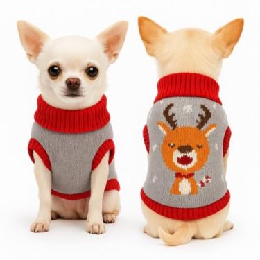 Imagem de Suéter de Tricot para Cachorros e Gatos Roupinha de Lã Macia Tamanho M (Raças Pequenas) (RENA CINZA, M)