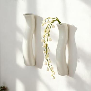 Imagem de DOCFLVAS Vaso de parede curva escandinava — Pacote com 2 vasos de cerâmica branca quente | Decoração de parede minimalista de curva suave para sala de estar e banheiro