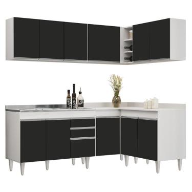 Imagem de Armário De Cozinha Modulado De Canto 6 Peças Cp30 Com Pia Inox Branco/preto - Lumil