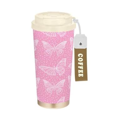 Imagem de Wassud White Outline Butterflies Caneca de café isolada para viagem copo à prova de vazamento com tampa e canudo garrafa de água de aço inoxidável para café quente/gelo, chá e cerveja