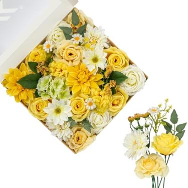 Imagem de FANKO Flores artificiais, rosa amarela, combinação de flores de seda falsa, creme branco, rosa, amarelo, dália, primavera, flores sortidas para buquês de noiva de casamento, centros de mesa, decoração