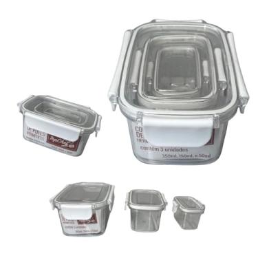 Imagem de Conjunto 3 Potes Herméticos Retangulares, Polipropileno Transparente com Branco, 50ml 150ml 350ml, Travas Laterais, Empilháveis, para Conservação de Alimentos