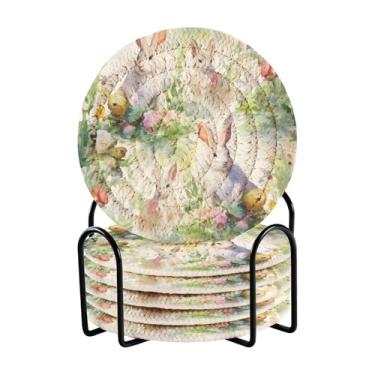 Imagem de Wassud Porta-copos com suporte para coelhos brancos, conjunto de porta-copos de tecido absorvente para decoração de casa, proteção de mesa, 6 peças