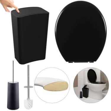 Imagem de Assento Sanitário Oval Almofadado Preto + Lixeira Preta 8L Tampa Click + Escova Sanitária Base Preta