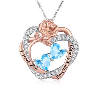 Imagem de Colares femininos com coração rosa, banhado a ouro rosa 14K, pingente de coração duplo sobreposto, presente de aniversário de aniversário de dia dos namorados para sua esposa, mãe, filha, joia com