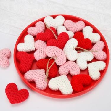 Imagem de 24 peças de enfeites de coração de crochê feitos à mão – Decoração de Dia dos Namorados e Natal, enchimento de vaso de tigela vermelho/rosa/branco, presente romântico para festa de casamento
