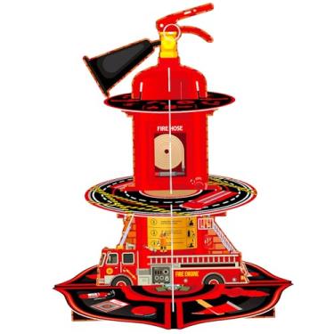 Imagem de Suporte de cupcake de hidrante de incêndio de 3 níveis, decorações de aniversário de caminhão de bombeiros, suporte de cupcake para festas temáticas, decorações de festa de bombeiro, fácil de montar