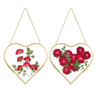 Imagem de Himitimi 2 molduras de flores prensadas de vidro, porta-retratos em forma de coração de 16,5 cm para pendurar em latão vintage, decoração de parede faça você mesmo, para aniversário de Dia dos
