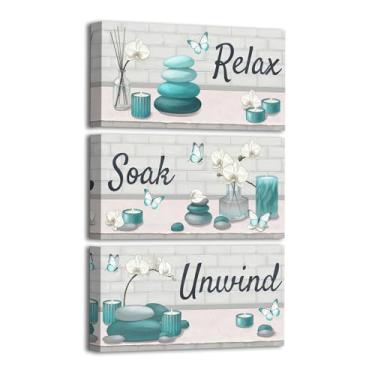 Imagem de RnnJoile Arte de parede de banheiro azul-petróleo imagens zen pintura em tela para sala de meditação zen decoração de parede emoldurada 20 x 40 cm para cada (azul-petróleo)