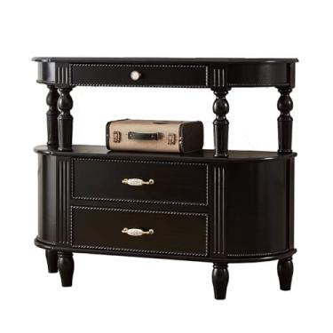 Imagem de Mesa de console com 3 gavetas, mesa de entrada de madeira moderna de meados do século, mesas de sofá atrás do sofá com prateleira de armazenamento, armário de armazenamento para corredor, hall de