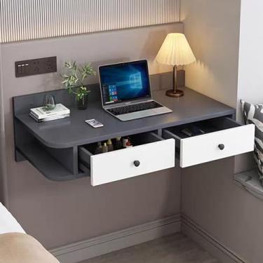 Imagem de Mesa flutuante, mesa branca montada na parede, mesa flutuante para computador com economia de espaço, mesa montada na parede com armazenamento para quarto, sala de estar, casa (80 cm/31,5 pol, cinza)
