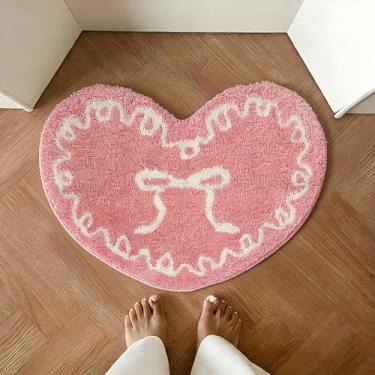 Imagem de Tapete de banheiro com laço de coração rosa coquete antiderrapante em forma de coração tapete fofo feminino decoração de quarto tapete de banho absorvente de microfibra para banheiro, banheira