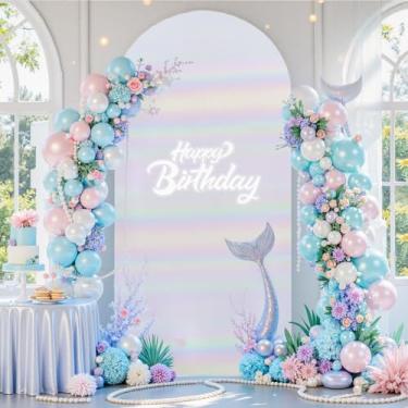 Imagem de Capa de arco branco arco-íris 1,8 m lantejoulas brilhantes festa de aniversário arco capa de fundo elastano ajustável balão brilhante arco capa para casamento, chá de panela, chá de bebê, foto de