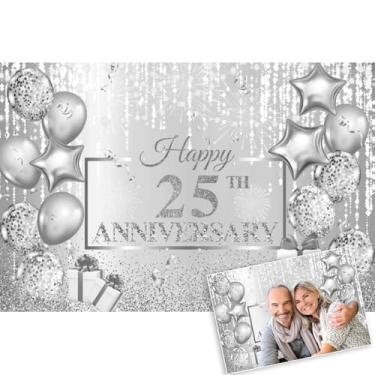 Imagem de OERJU Pano de fundo prateado feliz 25º aniversário 25º aniversário de casamento fotografia pano de fundo 25 anos aniversário casamento aniversário decoração de parede banner 2,4 x 2,4 m