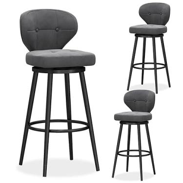 Imagem de Conjunto de 3 bancos de bar giratórios com altura de balcão, banquetas modernas de veludo com encosto médio, cadeira de bar estofada com base de metal, bancos de ilha de cozinha