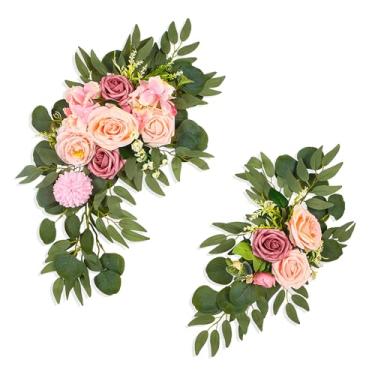 Imagem de POCREATION Floral Artificial Em Guirlanda, Estética Floral Retrô Europeia Com Pétalas de Camélia Em Camadas e Folhas de Eucalipto, para Decoração de de Casamento, Placa de Boas-Vindas, (Rosa)