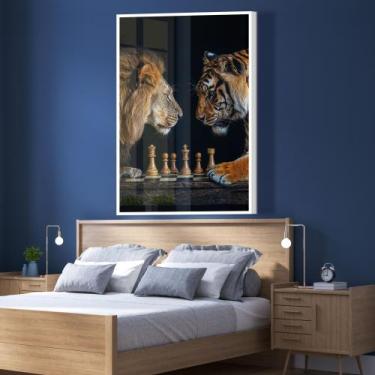 Imagem de Quadro Disputa Xadrez Entre Leão E Tigre - HP, 80x120cm, Moldura branc