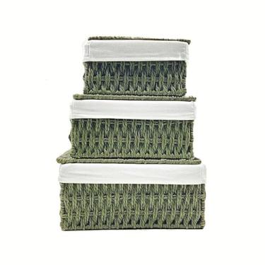 Imagem de Cestas de armazenamento de corda de papel verde tecidas à mão com tampas e forros removíveis, conjunto de 3 caixas decorativas para armário, banheiro, berçário, quarto e sala de estar