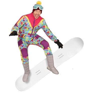 Imagem de FIESTAS GUIRCA Traje de neve retrô traje de carnaval masculino - traje de esqui colorido dos anos 80 JGA - après-Ski dos anos 90 - roupa de banho botão de despedida de solteiro fantasia masculina