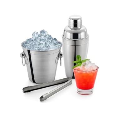 Imagem de Kit Coqueteleira Drink em Inox 3 Peças com Balde e Pinça para Gelo, Prático e Ideal para Drinks