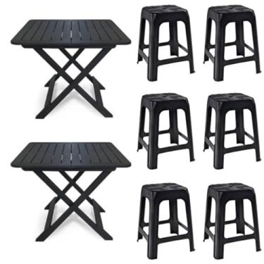 Imagem de 2 Mesas Quadradas Dobráveis 80x72cm Preta + 6 Banquetas Empilháveis