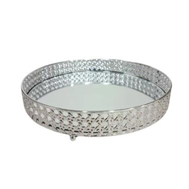 Imagem de Bandeja Decorativa Luxo Espelhada em Metal Redonda para Banheiro, Lavabo, Multiuso Casa (Palha Prata)