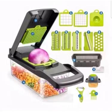 Imagem de Cortador de Legumes 10 em 1 com 7 Lâminas Removíveis – Fatiador, Ralador, Picador e Cesto Escorredor – Utensílio de Cozinha Multifuncional