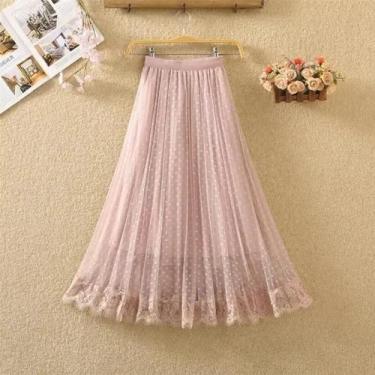 Imagem de Saia Maxi Plissada De Tule Rosa De Cintura Alta Para Mulheres, Moda Co