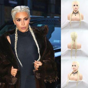 Imagem de Perucas trançadas loiras para mulheres 613 peruca frontal de renda natural feita à mão peruca trança torcida longa macia cabelo trançado sintético sem cola fibra resistente ao calor dia Cospaly 61 cm