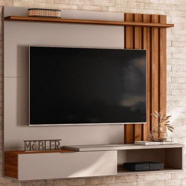 Imagem de Home Suspenso Vegas 1,60m Tvs 65 Polegas Porta Basculante Nichos Painel Lateral Ripado Grigio Fosco Cinamomo Mel