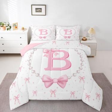 Imagem de Erosebridal Conjunto de edredom solteiro com laço rosa, letra B, monograma, laço para crianças, adolescentes, rosa e branco, decoração de quarto com 1 fronha