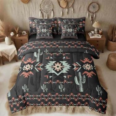 Imagem de Feelyou Conjunto de edredom caqui asteca do sudoeste com lençol de 7 peças, geométrico, vintage, rústico, cacto ocidental, boêmio, boêmio, tribal, preto, vermelho, decoração de quarto