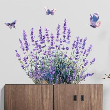Imagem de Adesivos de parede em aquarela, lavanda e borboleta, PVC, removíveis -
