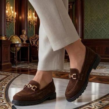 Imagem de Mocassim Feminino Tratorado Camurça Sapato Oxford Sapatilha Confortáve