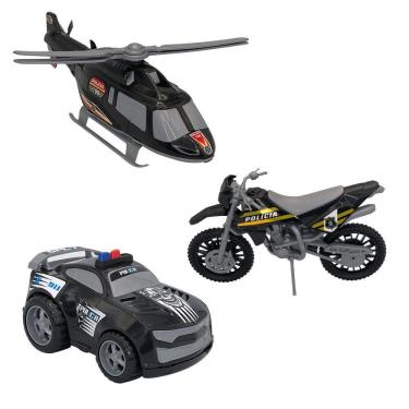 Imagem de Kit de Brinquedos de Polícia com Carro Moto e Helicóptero para Imaginação Infantil Preto Bs Toys