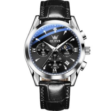 Imagem de OLEVS Relógios masculinos com pulseira de couro, relógio analógico de quartzo, moderno, mostrador grande, data, relógio à prova d'água, vestido luxuoso, luminoso, masculino, Preto e preto, round