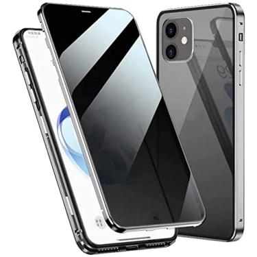 Imagem de HAODEE Capa de telefone flip magnética anti-peep, capa de vidro temperado de dupla face para Apple iPhone 12 (2020) 6,1 polegadas, pára-choques de metal (cor: branco)