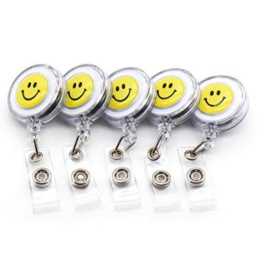 Imagem de Porta-crachá retrátil crachá crachá crachá metal carretel no porta-cartões, sorrindo rosto cores sortidas, cordão de puxador de 71 cm de espessura, Clear